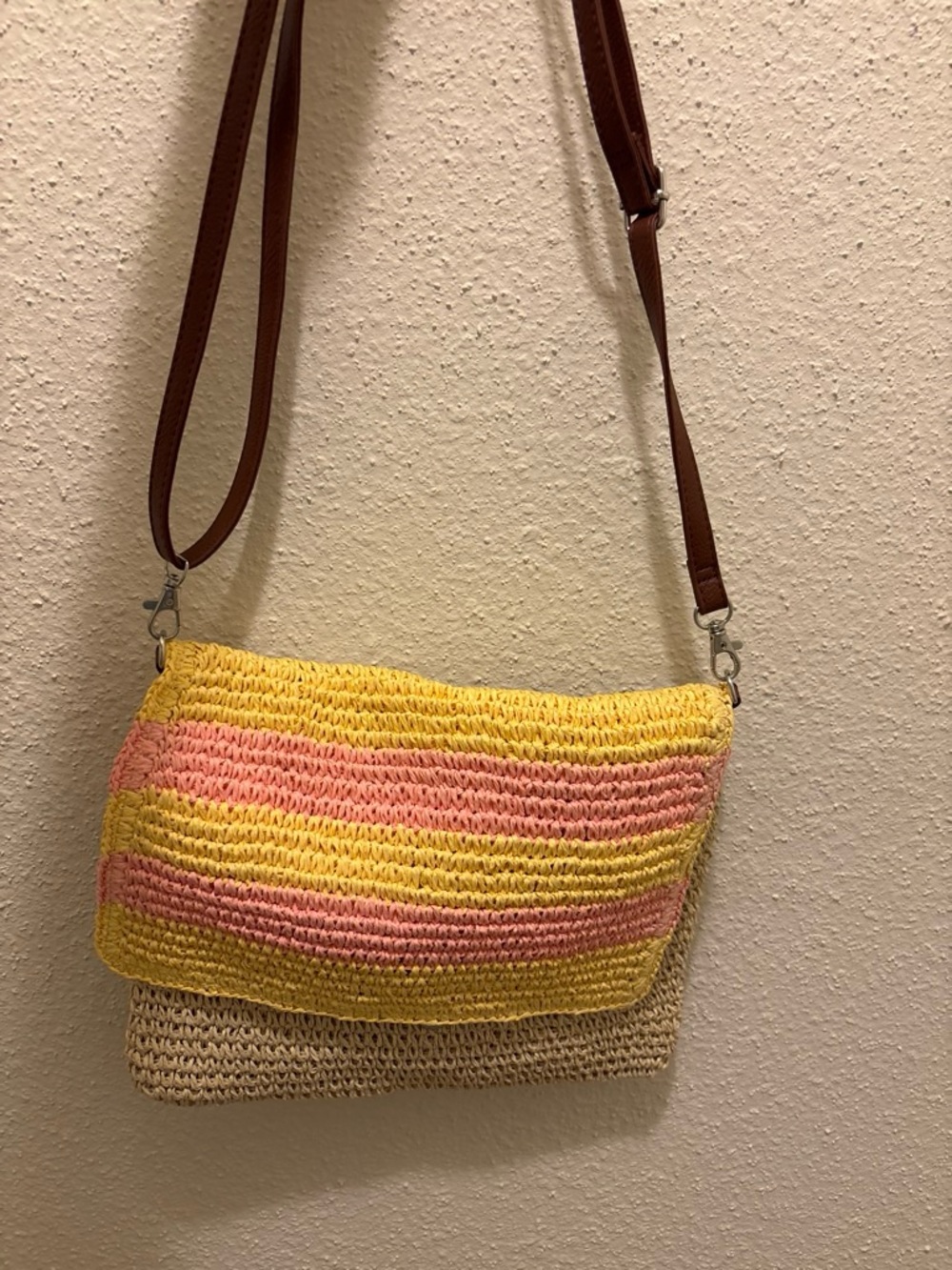 Striped Yellow & Pink Straw Crossbody Bag with Brown Strap